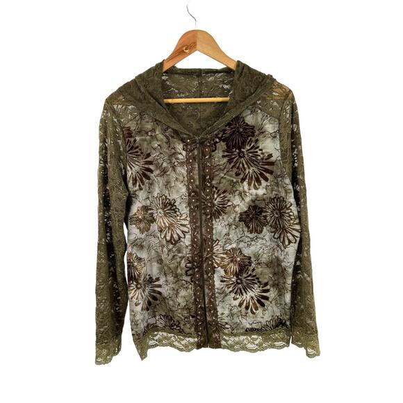 Britany Black Green Lace Full Zip Long Sleeve Jacket Size Large - Picture 1 of 11